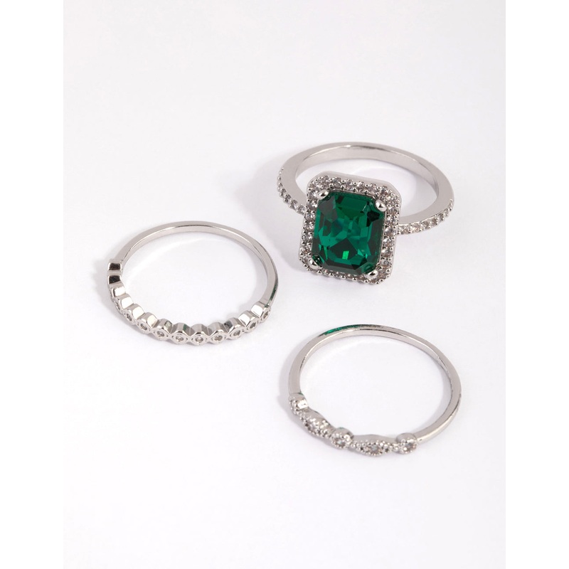 Silver Emerald Diamond Simulant Halo Ring Pack