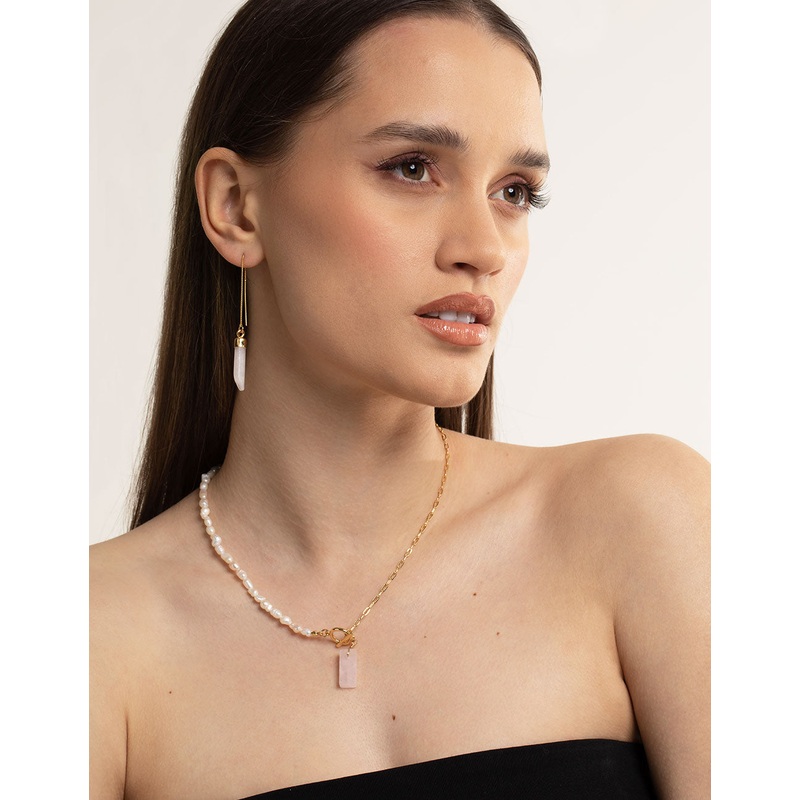 Gold Plated Rose Quartz Thread Through Earrings