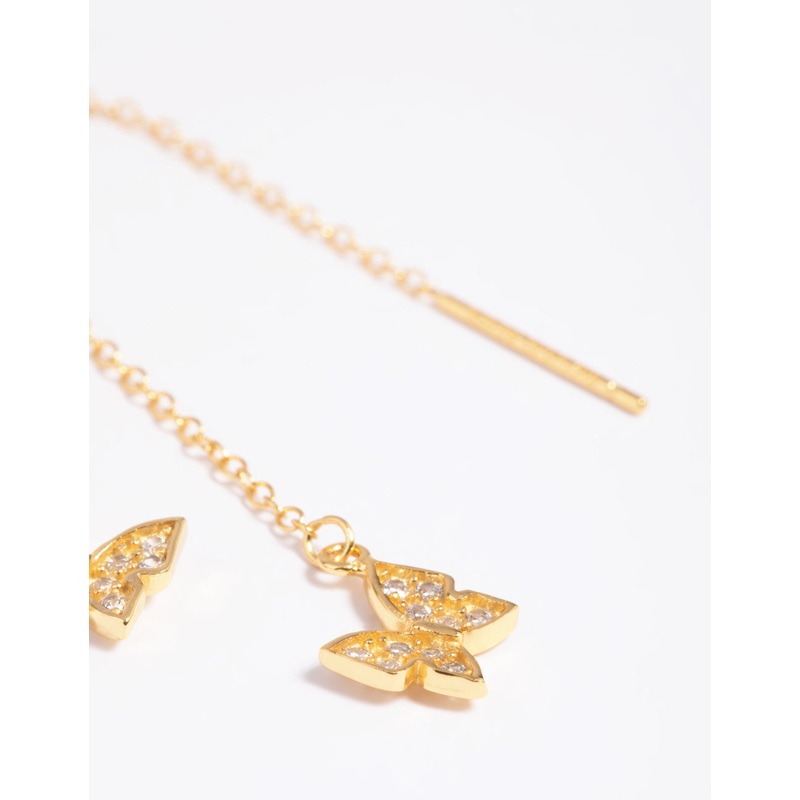 Gold Plated Sterling Silver Pave Butterfly Drop Earrings