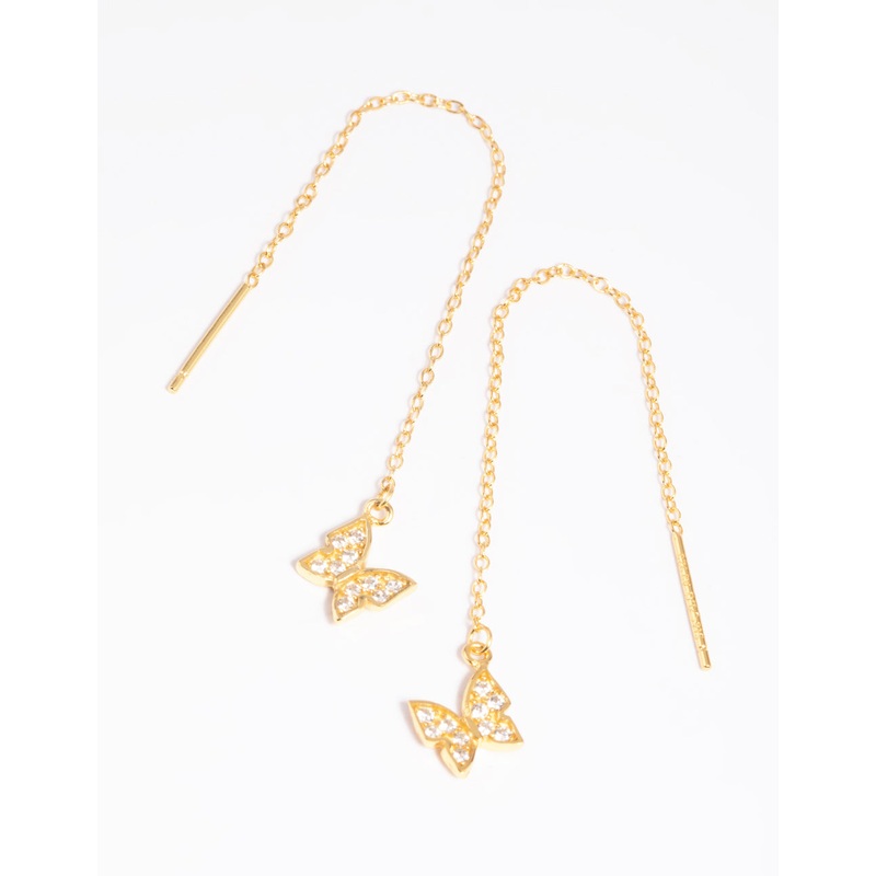 Gold Plated Sterling Silver Pave Butterfly Drop Earrings