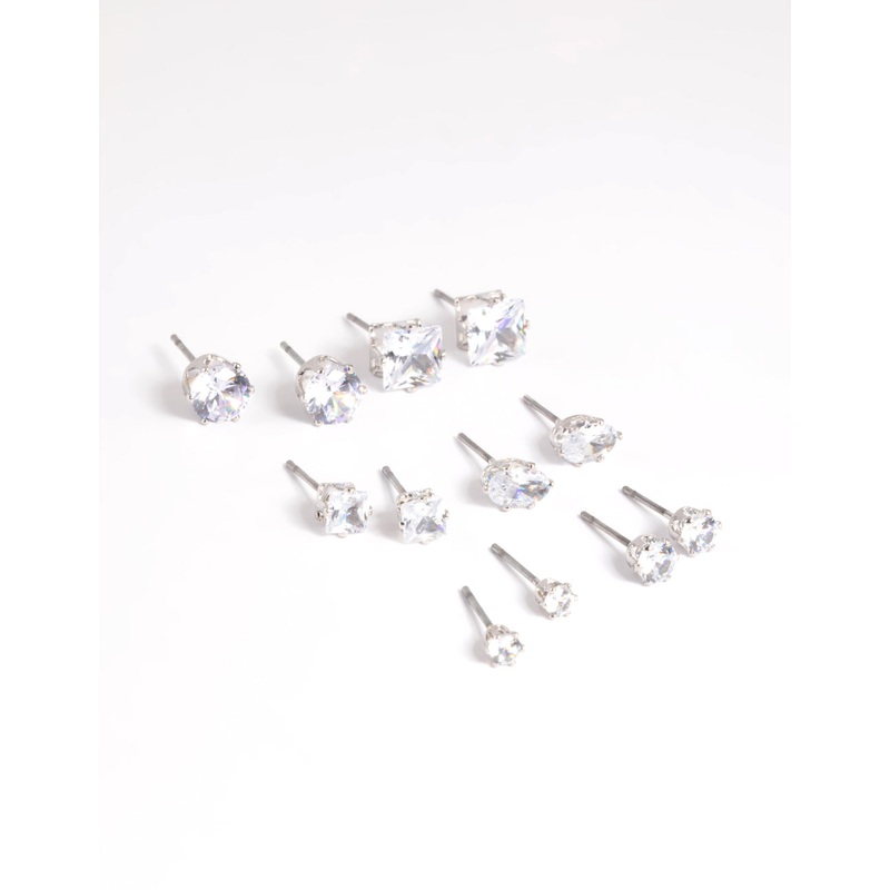 Silver Diamond Simulant Stud Earring 6-Pack