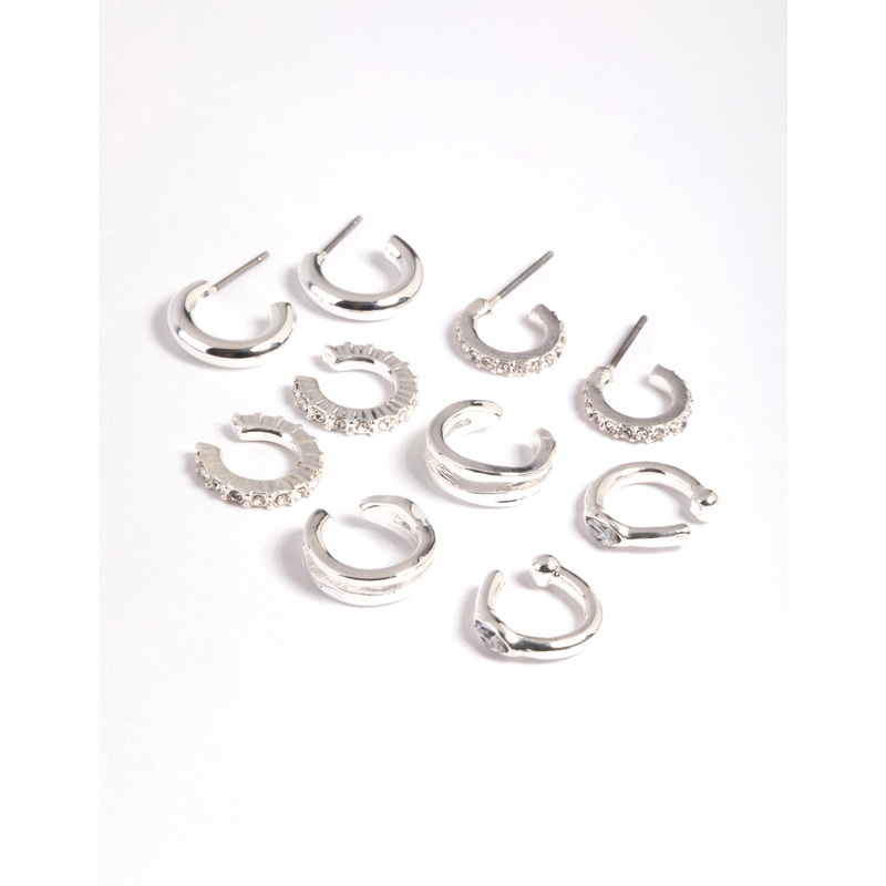 Silver Plated Diamante Hoops 5-Pack