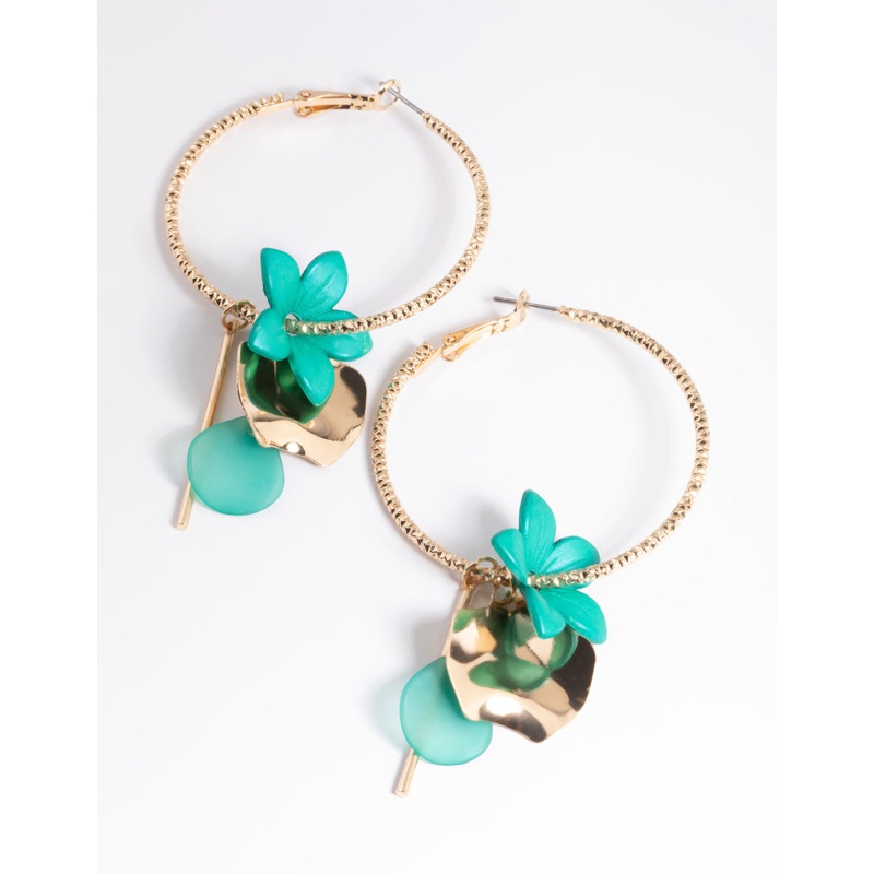 Gold Disc & Flower Cluster Hoop Earrings