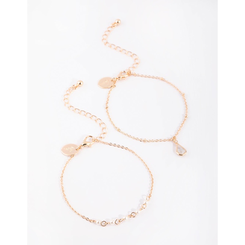 Gold Pearl & Teardrop Diamante Bracelet Set
