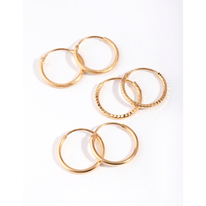 Gold Plated Sterling Silver Medium Textured Hoop Pack Earring