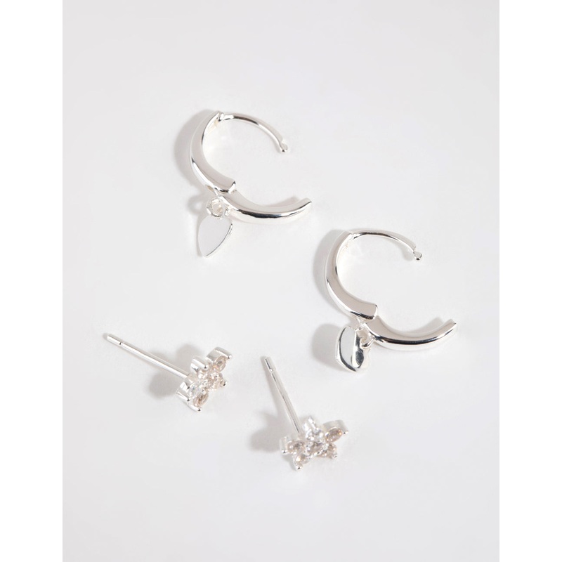 Sterling Silver Flower Heart Stud & Huggie Set