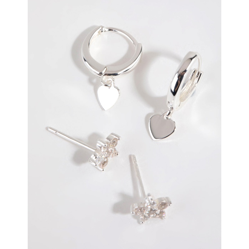 Sterling Silver Flower Heart Stud & Huggie Set