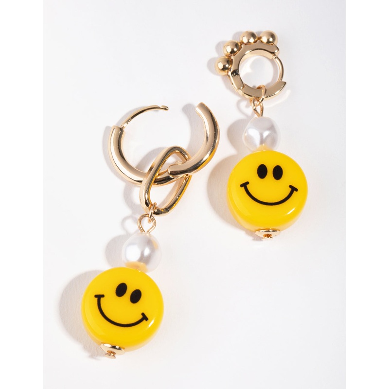 Gold Asymmetrical Pearl Smiley Drop Earrings