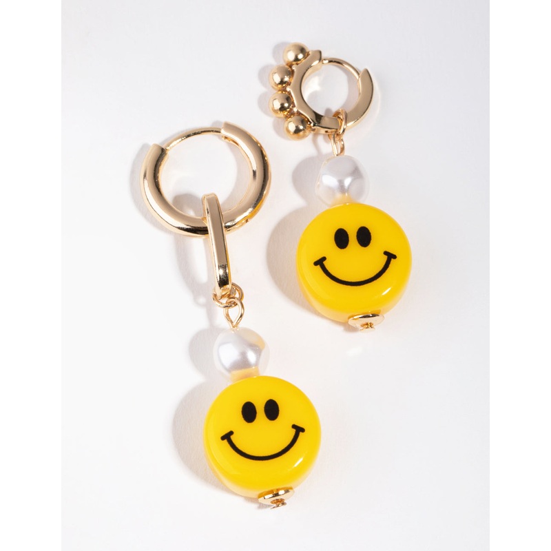 Gold Asymmetrical Pearl Smiley Drop Earrings