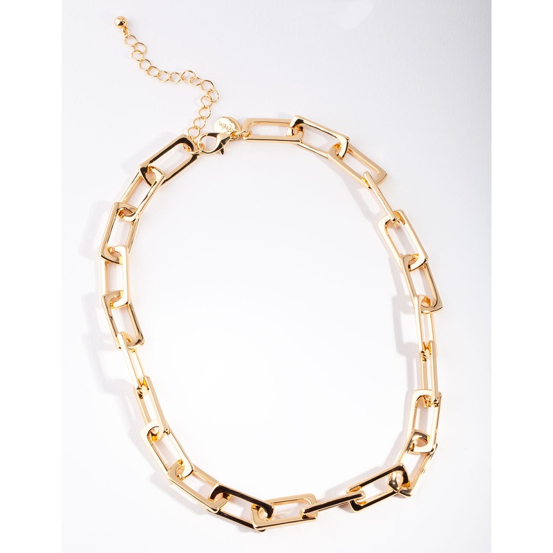 Gold Plated Large Rectangle Link Chain Necklace