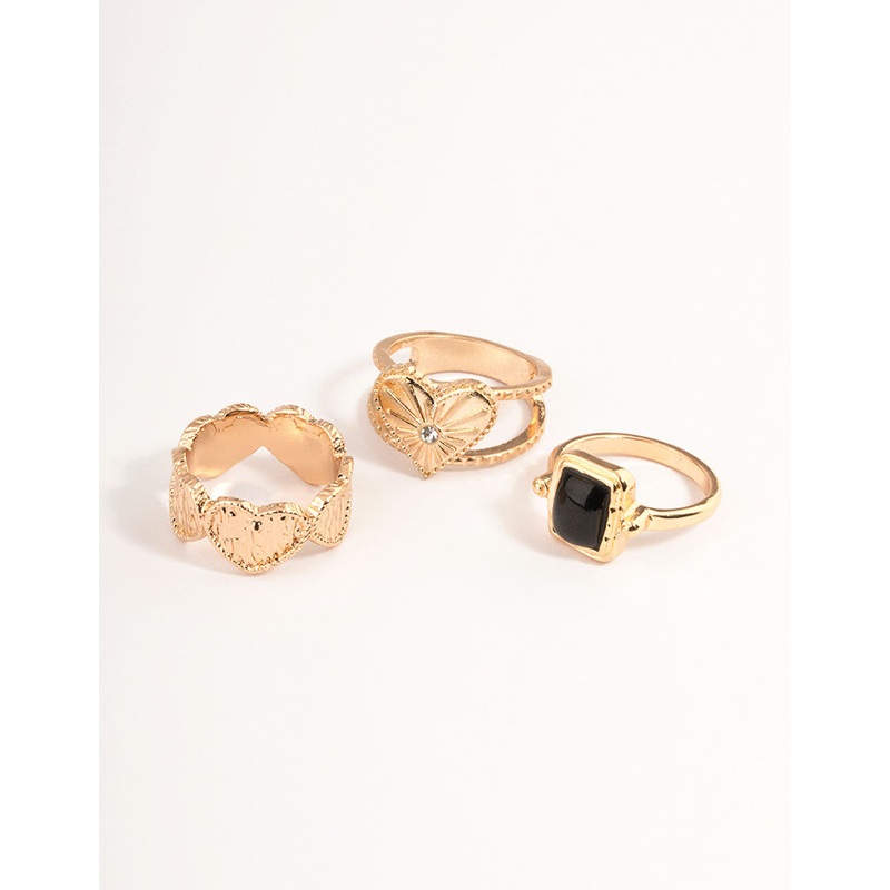 Gold Jet Black Etched Heart Ring Set