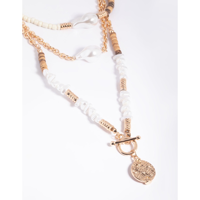 Gold Pearl Fob Layered Necklace