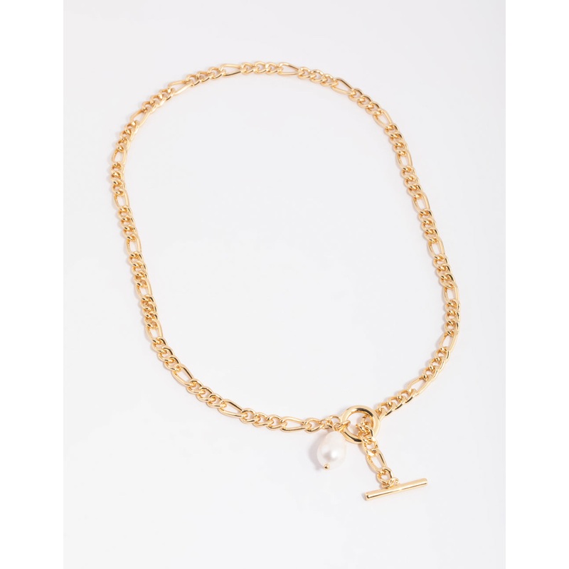 Gold Plated Figaro Freshwater Pearl Necklace