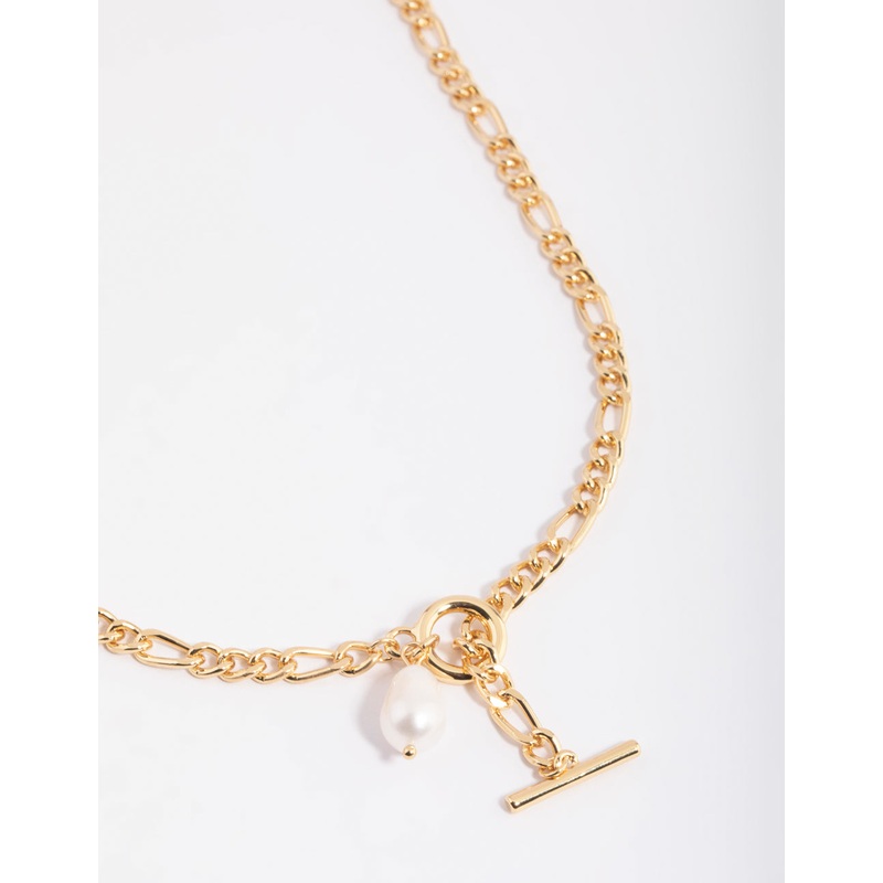 Gold Plated Figaro Freshwater Pearl Necklace