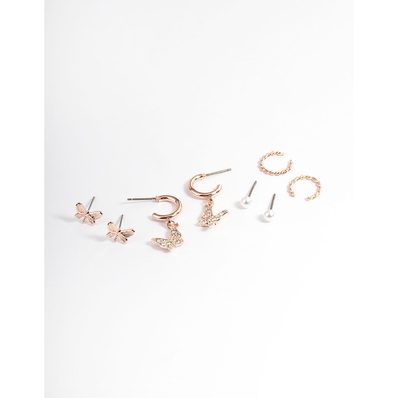 Rose Gold Pearl & Butterfly Earrings 4-Pack