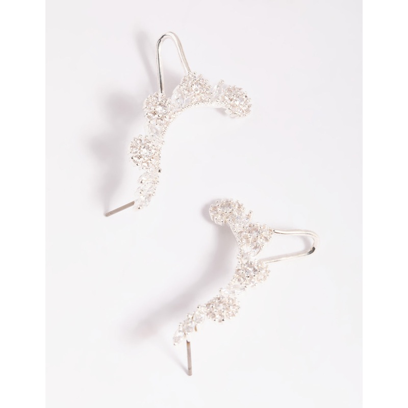 Silver Cubic Zirconia Rose Cuff Earrings