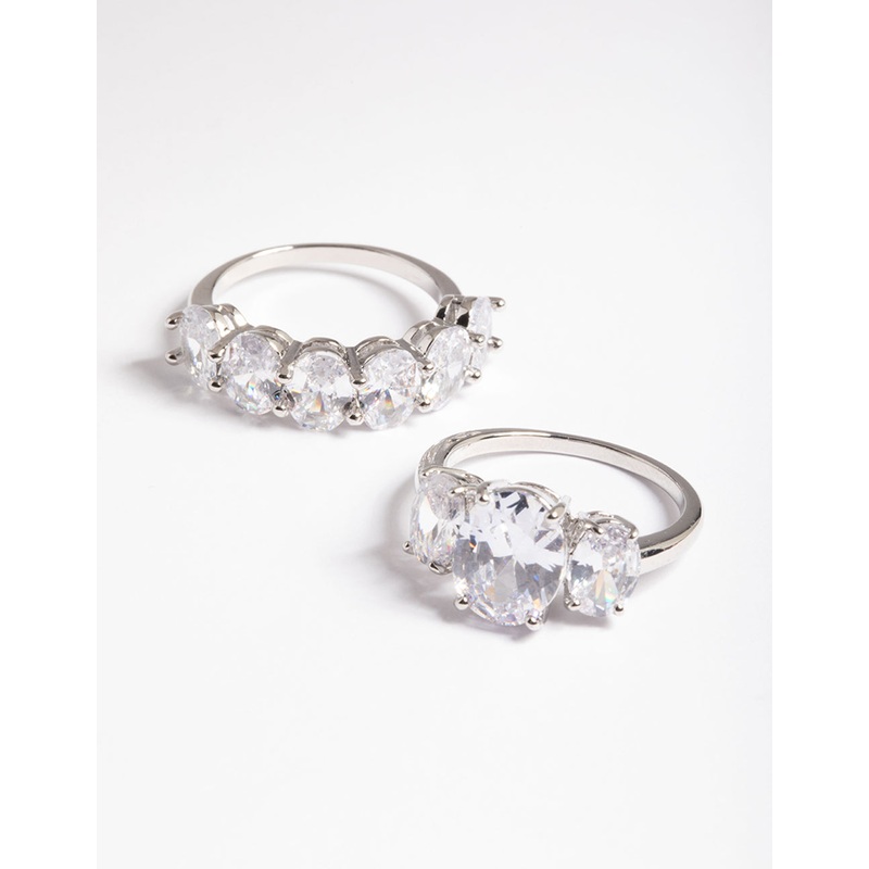 Silver Cubic Zirconia Statement Oval Ring 2-Pack