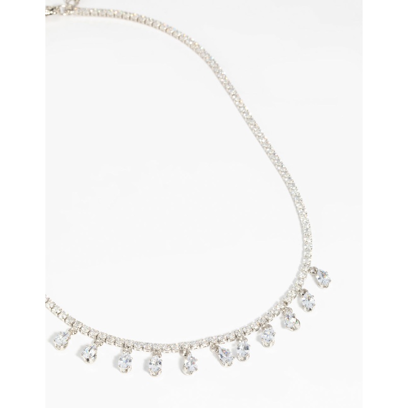 Silver Diamond Simulant Teardrop Necklace