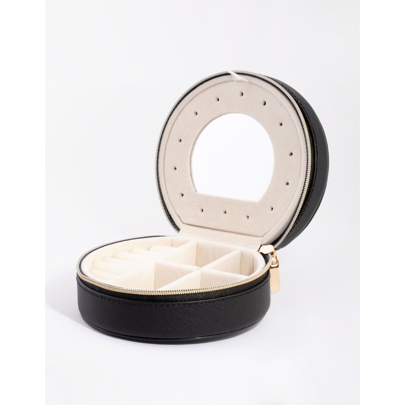 Black Faux Leather Mirror Travel Jewellery Box