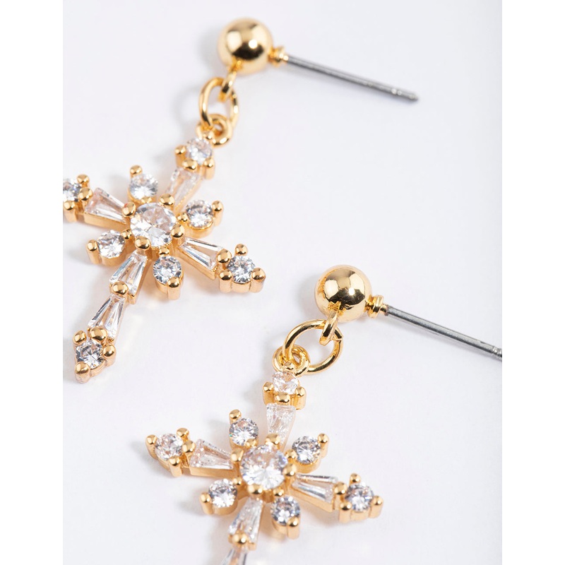 Gold Plated Cubic Zirconia Ornate Cross Drop Earrings