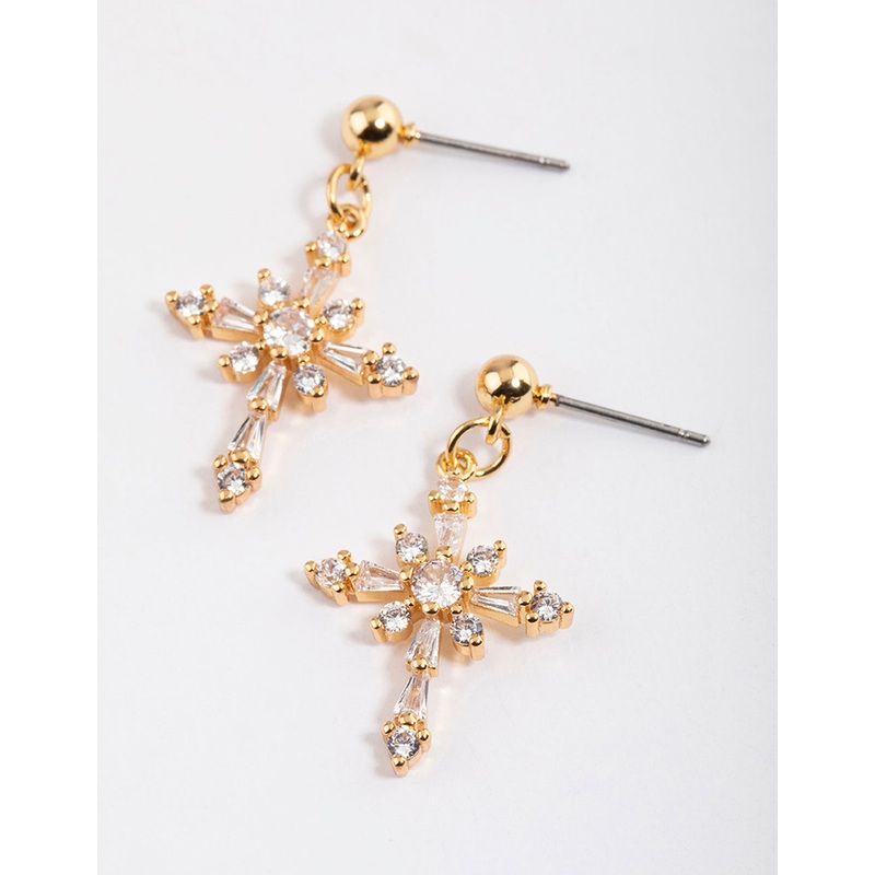 Gold Plated Cubic Zirconia Ornate Cross Drop Earrings
