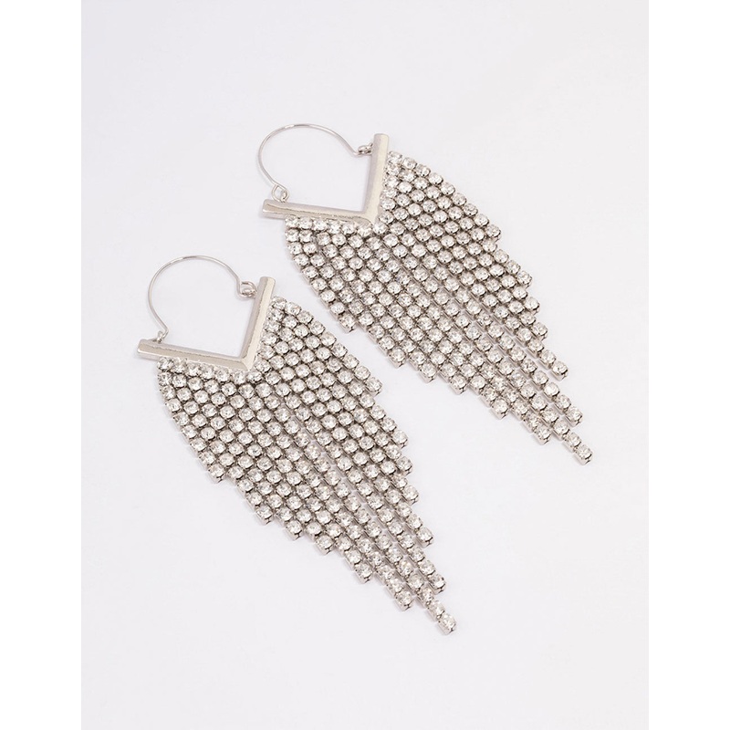 Silver Diamante Tassel Cup Chain Hoop Earrings