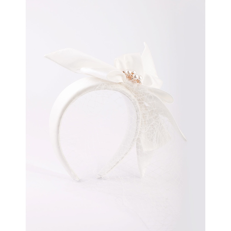 White Bow Pearl & Veil Headband