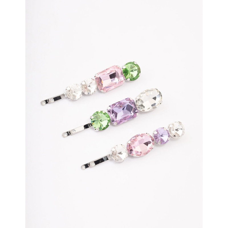 Silver Mixed Shape Stone Hair Clips Pack