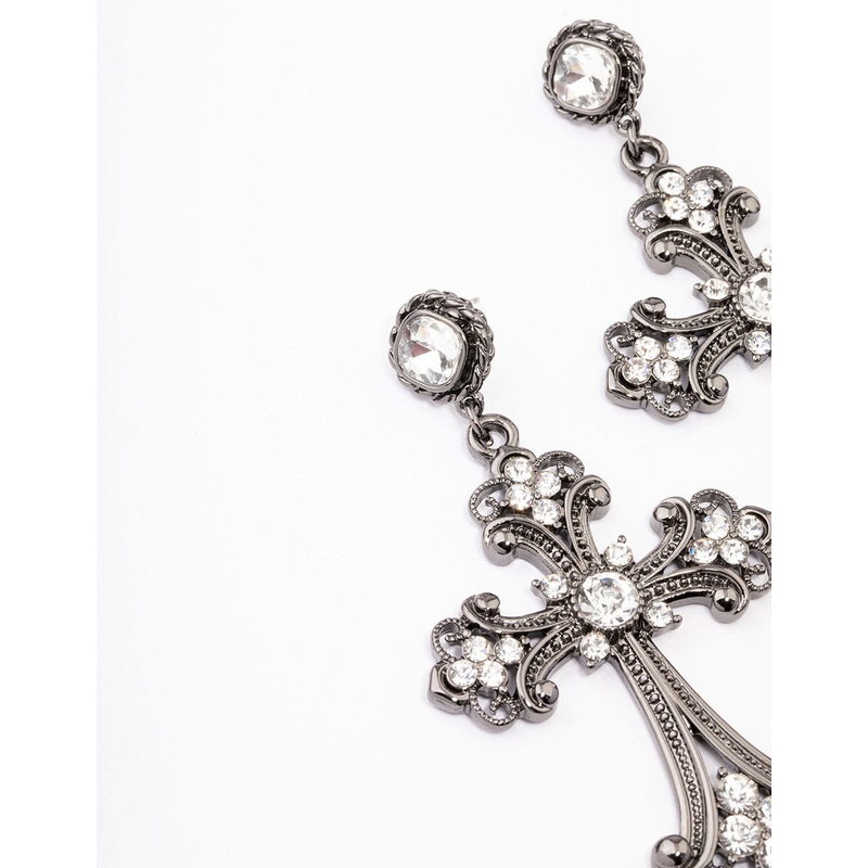 Black Multi Diamante Drop Cross Earrings