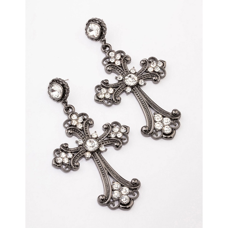 Black Multi Diamante Drop Cross Earrings