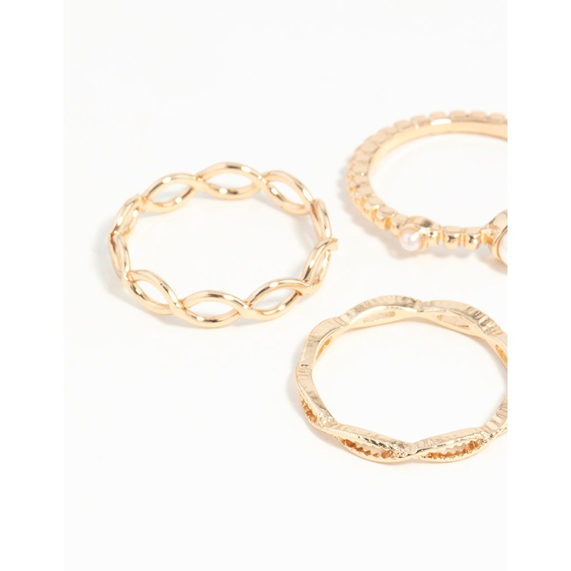 Gold Pearl & Twist Ring 5-Pack