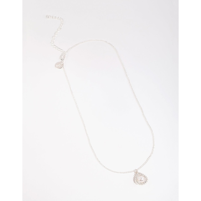 Silver Diamante Open Pear Pearl Necklace