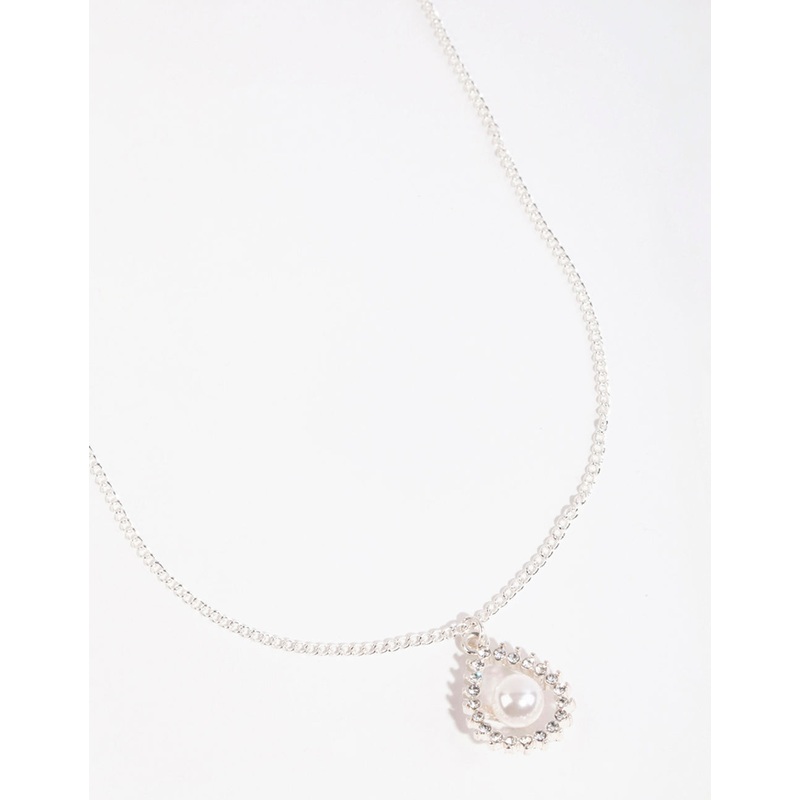 Silver Diamante Open Pear Pearl Necklace
