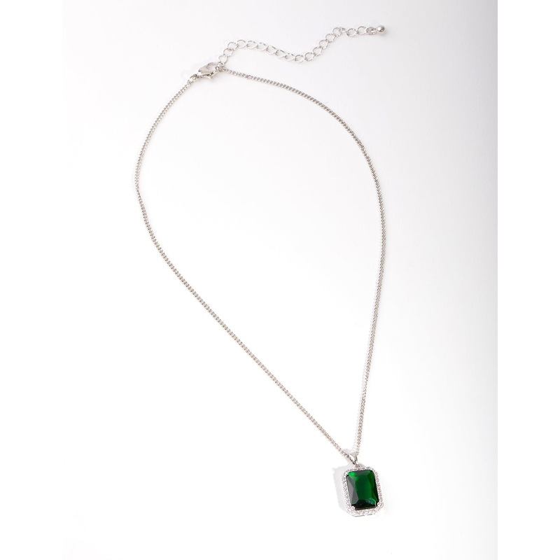 Silver Diamond Simulant Emerald Rectangle Necklace