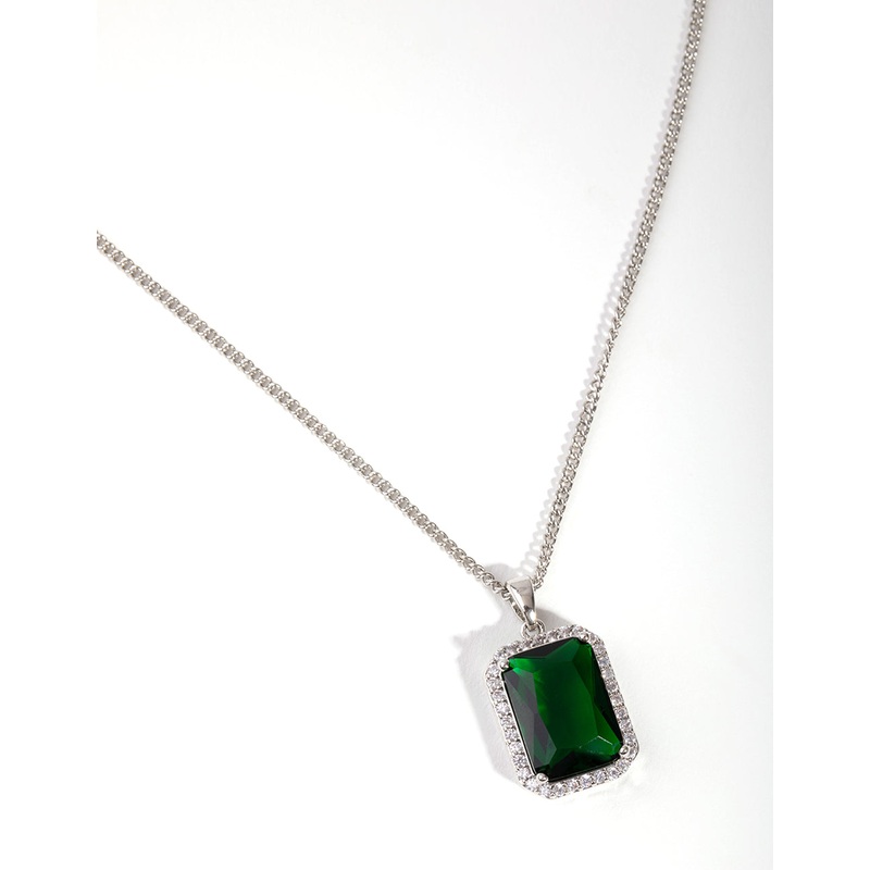 Silver Diamond Simulant Emerald Rectangle Necklace