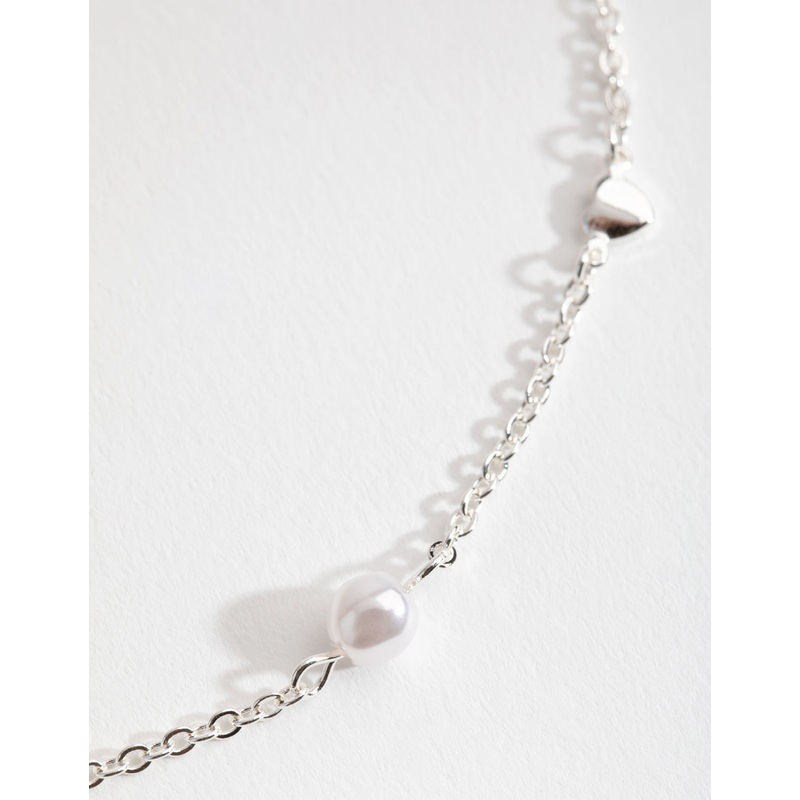 Silver Faux Pearl Heart Choker