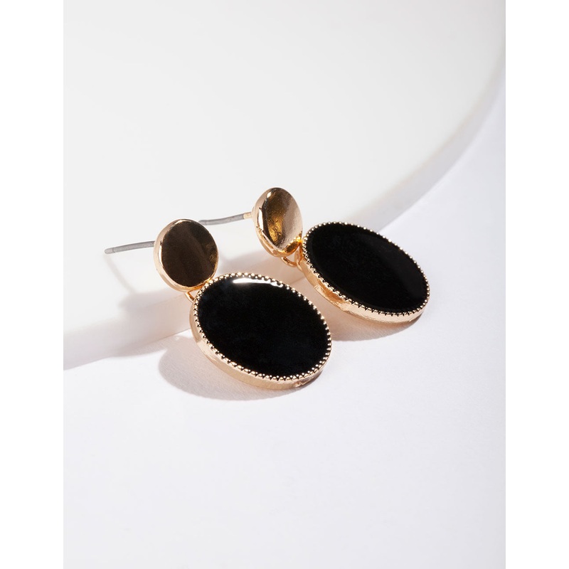 Gold Black Circle Drop Earrings