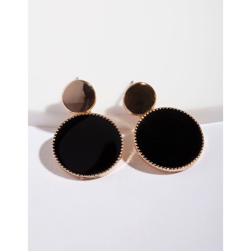 Gold Black Circle Drop Earrings