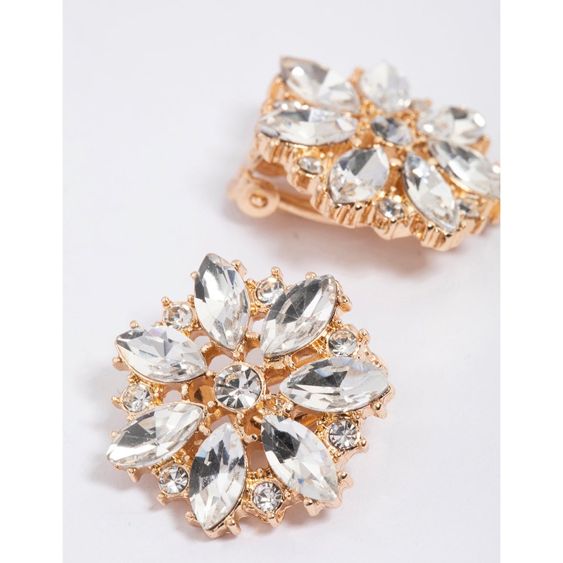 Gold Diamante Flower Stud Earrings
