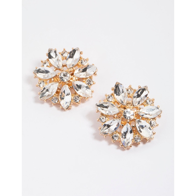 Gold Diamante Flower Stud Earrings