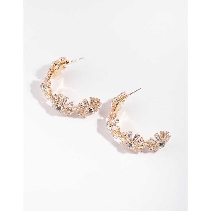 Gold Geometric Cubic Zirconia Stone Flower Hoops