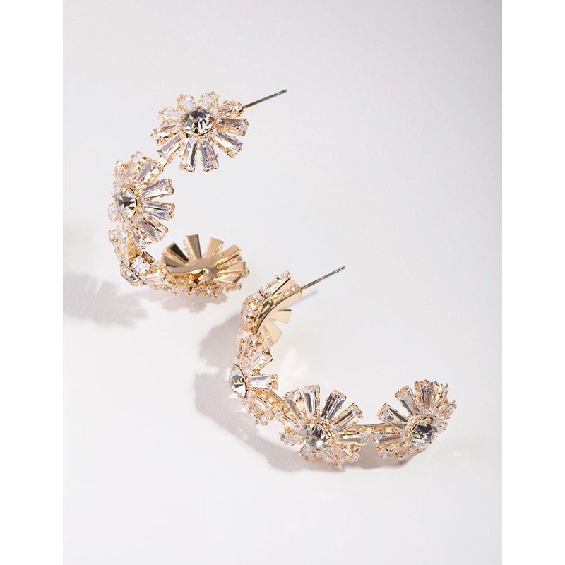 Gold Geometric Cubic Zirconia Stone Flower Hoops