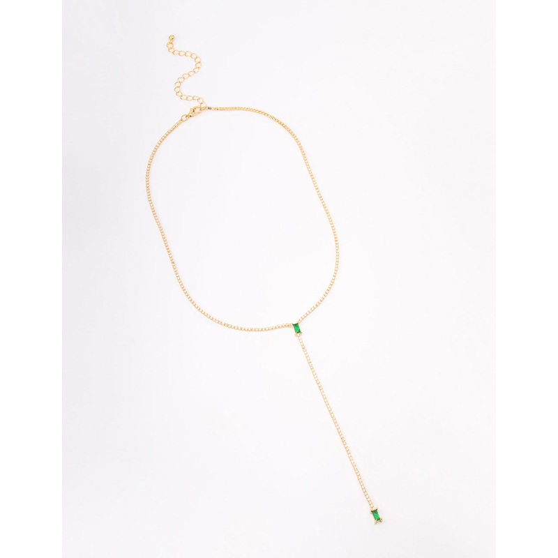 Gold Plated Cubic Zirconia Baguette Emerald Y-Shaped Necklace