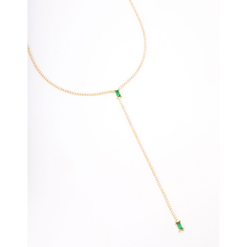 Gold Plated Cubic Zirconia Baguette Emerald Y-Shaped Necklace