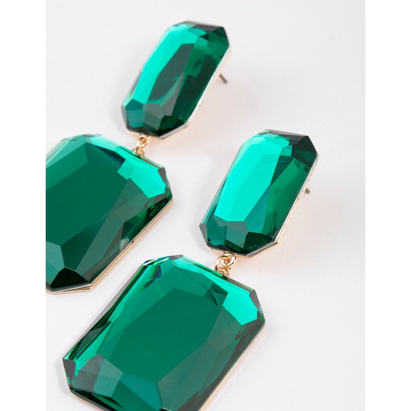 Gold Statement Square Double Stone Drop Earrings