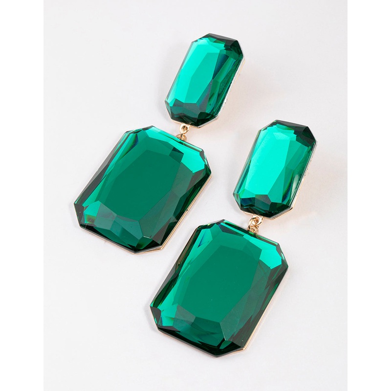 Gold Statement Square Double Stone Drop Earrings