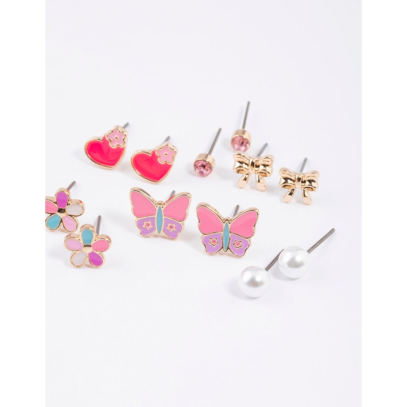 Kids Gold Butterfly Heart Stud Earrings 6-Pack