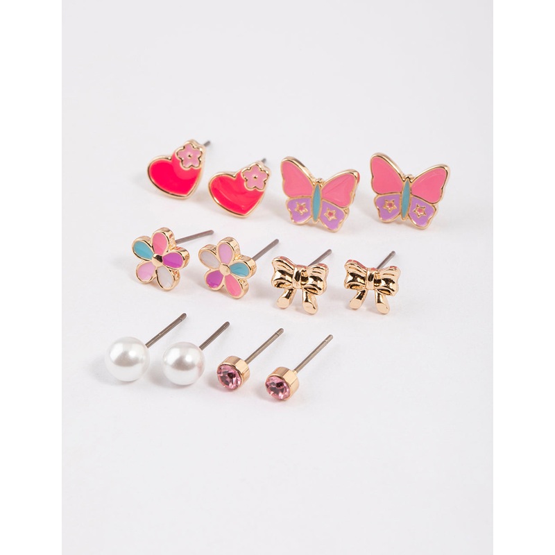 Kids Gold Butterfly Heart Stud Earrings 6-Pack