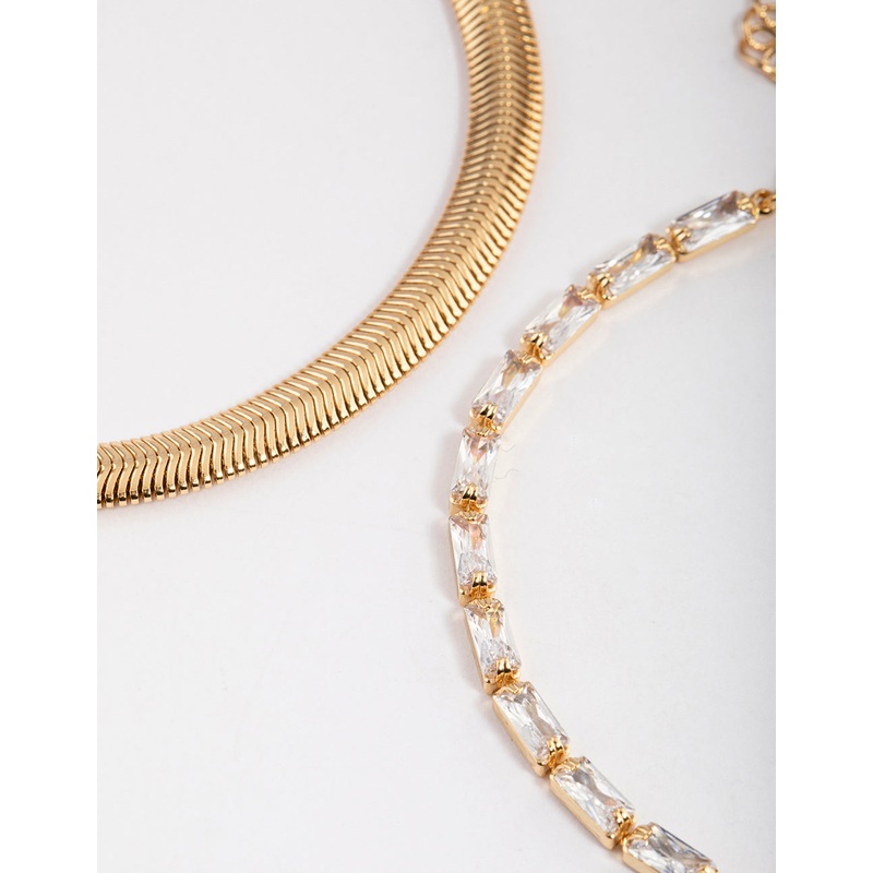 Gold Plated Cubic Zirconia Snake Chain & Baguette Tennis Bracelet Pack