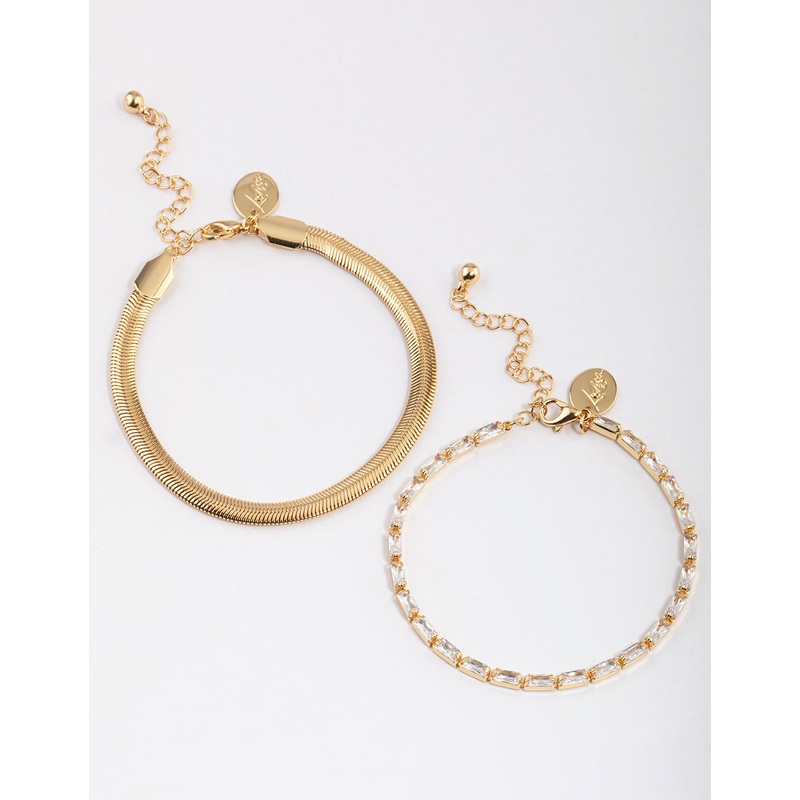Gold Plated Cubic Zirconia Snake Chain & Baguette Tennis Bracelet Pack